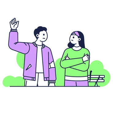 Two characters are standing facing each other, both with visible bandages on their arms and foreheads. The first character, with short hair and wearing a blue jacket, raises an arm in an expressive gesture. The second character, with long hair and a green sweater, has their arms crossed in front of them, looking defiantly at the first character. Behind them, a park scene is visible, with trees in the background and a bench to the side. Both characters have stern expressions that convey their disagreement, highlighting the tension between them.