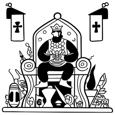 Genghis Khan is depicted in a detailed black-and-white illustration, seated on a large ornate throne. He is wearing elaborate traditional armor that signifies his status. In his hands, he holds a shimmering ornate artifact, possibly a jeweled crown or a golden chalice, inspecting it closely. Surrounding him are various other treasures displayed on a richly decorated table, including intricately designed weapons and valuable gems. The background features banners and symbols of his empire, adding to the atmosphere of power and conquest.