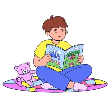 A child with short brown hair is sitting cross-legged on a soft, colorful rug. The child is holding an open storybook that has "cartoon scenes" illustrated on the left page and "illustrated ones" on the right page. The cartoon scenes feature playful animals and bright colors, while the illustrated side displays more detailed images of a forest and characters. The child is wearing a yellow t-shirt and looking intently at the book, with a look of curiosity on their face. A small teddy bear is placed beside the child on the rug.