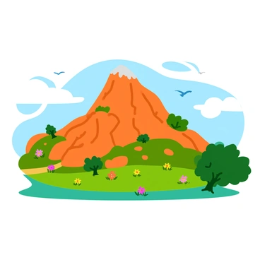 A hand-drawn sketch of "Mont Ventoux" showcasing its prominent peak rising against the sky. The mountain is depicted with detailed contours and rocky features, illustrating its rugged terrain. Surrounding the mountain, there are patches of green trees and shrubs, with some wildflowers adding splashes of color. The sky above is partially cloudy, with a few birds soaring in the distance, enhancing the sense of nature surrounding "Mont Ventoux."
