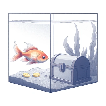 A goldfish with shimmering scales swims curiously near the bottom of a fish tank. It approaches a sunken treasure chest that is partially buried in the gravel substrate. The chest is adorned with intricate designs and appears slightly weathered, suggesting its age. Around the chest, a few scattered gold coins glimmer in the water. The tank also contains some aquatic plants swaying gently with the movement of the water, creating an intriguing underwater scene.
