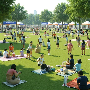 A community event sponsored by "Bajaj Allianz" is taking place in a spacious outdoor park. There are colorful banners displaying the "Bajaj Allianz" logo hanging from trees and tents. Groups of people of various ages are participating in fun activities. Children are playing games like sack races and tug-of-war, while adults are engaged in a friendly soccer match nearby. There are stalls set up with volunteers handing out brochures and refreshments. Some families are enjoying picnic blankets spread out on the grass, and laughter fills the air as people interact and socialize. A few individuals are capturing moments with cameras, creating a vibrant atmosphere of community and joy.