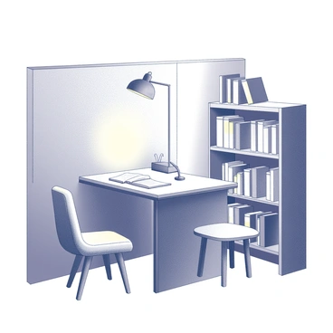 A small study nook featuring a compact desk positioned against a wall. The desk is clear of clutter and holds a few writing materials. To one side, a set of bookshelves displays a variety of books, arranged neatly by size and spine orientation. The books are tightly packed, showing only the titles. In the corner, there is a cozy chair, upholstered and inviting, with a small side table next to it. A soft light source is positioned above the desk, casting gentle shadows and creating an atmosphere conducive to studying and reading.