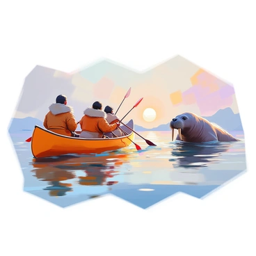 A group of Inuit hunters in a wooden canoe gliding over the calm waters, skillfully paddling towards a distant walrus. The hunters, dressed in traditional fur garments, are focused intently, holding spears poised to launch. The canoe is crafted from birch bark with intricate detailing. The walrus, a large creature with long tusks, is partially submerged in the water, creating ripples around it. The scene captures the intensity and preparation of the hunters as they aim their spears with precision. The sky is clear with a hint of pink from the setting sun, adding warmth to the atmosphere.