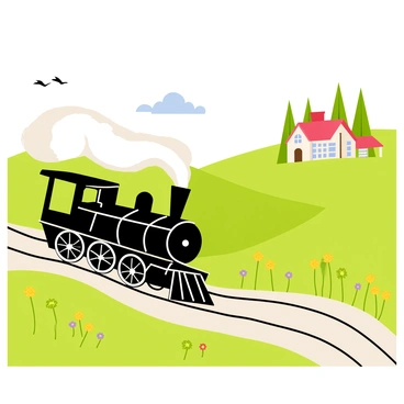 A classic steam train with a shiny black engine is chugging along a winding track. The train emits plumes of white smoke as it moves forward. Lush green fields stretch out on either side of the tracks, dotted with colorful wildflowers in shades of yellow, red, and purple. A quaint farmhouse with a red roof is visible in the distance, surrounded by tall trees and a clear blue sky above. A flock of birds flies gracefully overhead, adding to the idyllic scenery.