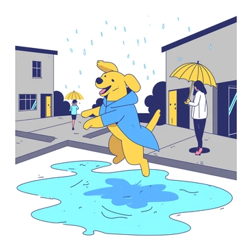 A dog wearing a raincoat, jumping in puddles on a rainy street