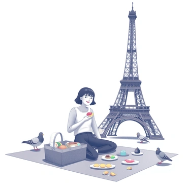 A person named Lou is seated on a blanket spread out on the grass. There is a picnic basket placed next to Lou, filled with various treats such as sandwiches, fruits, and pastries. In the background, the Eiffel Tower rises prominently, showcasing its distinctive iron lattice structure. Lou is smiling while holding a piece of fruit, and there are a few colorful plates scattered around the blanket. Nearby, a couple of pigeons are pecking at crumbs on the ground. The sky above is clear, adding to the cheerful atmosphere of the scene.
