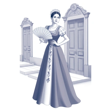 A woman dressed in traditional Maria Clara attire stands gracefully in a historical setting. Her gown features intricate embroidery and a flowing silhouette, with a wide, butterfly-style collar framing her face. She poses with poise, one hand resting delicately on her hip while the other holds a fan adorned with lace. The background showcases elements of colonial architecture, including ornate wooden doors and arched windows. The scene is filled with detailed textures, highlighting the elegance of the attire and the grandeur of the historical context.