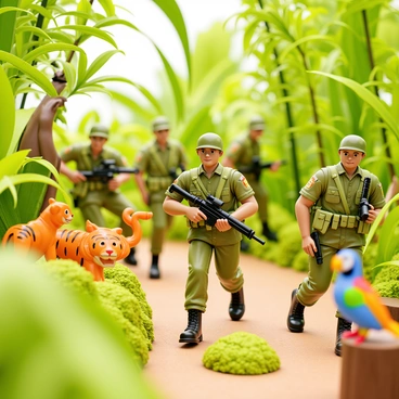 A group of toy soldiers in various poses are navigating through an artificial jungle filled with vibrant green foliage. The soldiers are wearing classic camouflage uniforms and are equipped with tiny weapons. Surrounding them are a variety of toy animals, including a playful plastic monkey hanging from a branch, a bright orange tiger crouching behind a bush, and a colorful parrot perched on a nearby tree stump. The jungle features oversized leaves and plastic vines creating a dense atmosphere. The scene is lively, showcasing the interaction between the soldiers and the whimsical toy animals in their expedition.