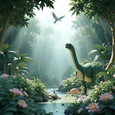 A dense, vibrant rainforest filled with lush green foliage and towering trees. Rays of sunlight pierce through the thick canopy, casting dappled light on the forest floor, which is covered with ferns and colorful flowers. In the scene, a large, green Tyrannosaurus rex stands near a river, drinking water. Close by, a pair of small, feathered velociraptors are playfully interacting with each other among the underbrush. In the background, a Pterosaur can be seen soaring through the sky, while a massive Brachiosaurus munches on the treetops. Various ancient creatures, including large insects and small mammals, can be observed among the vegetation, contributing to the rich biodiversity of this ancient ecosystem.