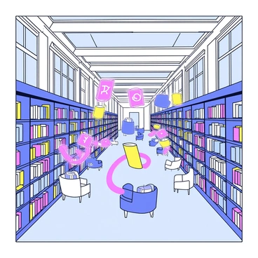 A sprawling library with tall shelves filled with various books. Some books are depicted as floating in mid-air, surrounded by a soft glow. Surrounding the books are magical glyphs that are illuminated in vibrant colors, spiraling around the floating books. The library has a high ceiling with ornate details, and large windows that allow light to filter in. Small reading nooks with comfortable chairs are scattered throughout the space.