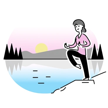 A person in a yoga pose, balancing on one leg, is positioned on a flat rock by the edge of a tranquil lake. The lake reflects the soft colors of the sunrise, with hues of pink and orange spreading across the sky. Surrounding the lake are silhouettes of trees and gentle hills, creating a serene backdrop. The person is wearing comfortable, fitted yoga attire, and their eyes are closed in concentration. The water's surface is calm, with a slight ripple from a gentle breeze.