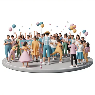 A group of street performers are gathered on a busy street corner, surrounded by an enthusiastic crowd. One performer, a woman in a colorful dress with a wide-brimmed hat, is painting vibrant illustrations on a large canvas. Next to her, a man in a striped shirt and suspenders is juggling colorful balls, eliciting cheers from the audience. Another performer, dressed in a bright costume, is mimicking the movements of a dancer, showcasing their skills. The crowd consists of diverse people, including children, adults, and elderly, all captivated by the performances. Balloons and small props are scattered around, adding to the lively atmosphere. A few onlookers are taking pictures with their phones, while others are clapping in rhythm to the music played by a nearby musician.