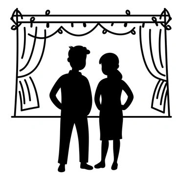A silhouette of a couple standing close together, with their bodies slightly turned towards each other. They are positioned against a backdrop of a decorated stage featuring draped fabric and string lights. The stage is framed with ornate decorations, creating a contrasting detail against the dark figures of the couple. The atmosphere suggests an event setting, with the outlines of the couple appearing prominently in front of the intricately designed background.