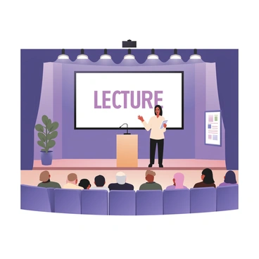 A digital flat illustration featuring a small stage set in a university theatre. The stage is adorned with a dark blue curtain pulled back to reveal a podium at center stage, where a speaker is positioned. The speaker is a Caucasian woman with short black hair, wearing a white blouse and black pants. She is gesturing with her right hand while holding notes in her left. The audience, visible in rows of seats, is composed of diverse individuals, including some with light and dark skin, listening attentively. The walls of the theatre are decorated with academic posters, and a large screen behind the speaker displays the title of the lecture in bold letters. Bright spotlights are illuminating the stage area, creating a focused ambiance.