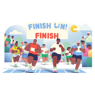 A group of runners is crossing the finish line in a 100-meter sprint during sports day. The runners include a diverse mix of athletes representing different backgrounds. One runner, wearing a red jersey and black shorts, has an intense expression as they approach the finish line. Another runner in a blue jersey is closely trailing behind. The scene is filled with excitement as spectators in colorful clothing cheer from the sidelines. A large banner reading "Finish Line" is visible above the runners, and the bright sun casts sharp shadows on the track. The atmosphere is lively and energetic, with a focus on the dynamic motion of the athletes.