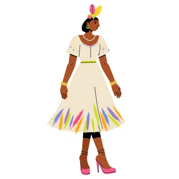 A vibrant dress designed for a carnival festival, featuring a flared silhouette and colorful patterns. The dress is adorned with multicolored feathers across the hem and sleeves, creating a playful look. Sequins in various shades sparkle throughout the dress, adding a dazzling effect under the festival lights. The neckline is elegantly shaped, and the skirt flows gracefully, creating movement with every step. Brightly colored accessories, such as a matching feathered headpiece and bold bangles, complement the outfit, enhancing its festive appeal.