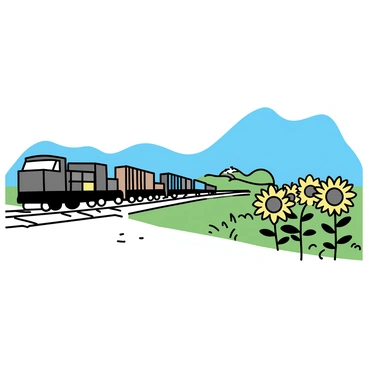 A long freight train with multiple cargo cars is crossing a rural railroad intersection. The train is painted in dark colors, and the cars are stacked high with various goods. Nearby, there is a vibrant field of sunflowers, their yellow petals bright against the green foliage. The sunflowers are tall and in full bloom, stretching towards the blue sky. The railroad tracks are made of steel, with wooden ties visible along the sides. In the background, there are gentle rolling hills and a small dirt road leading away from the intersection.