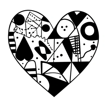 A heart shape formed by an arrangement of various geometric shapes, including triangles, squares, and circles. The geometric shapes are intricately detailed with different patterns such as stripes, dots, and grids. The heart is centered in the image, with each shape seamlessly fitting together to create a cohesive design. The overall composition is bold and structured, emphasizing the contrast between the curves of the heart and the sharp angles of the geometric elements.