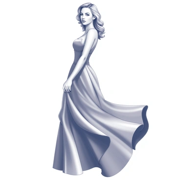 A model stands confidently, wearing a gown that flows elegantly around her. The gown has a fitted bodice that flares out into a dramatic skirt, creating a regal silhouette. The fabric drapes beautifully, with intricate details and folds. The model's pose is dynamic, conveying a sense of movement. Her hair is styled in soft waves, enhancing her graceful appearance. She gazes directly at the viewer with an engaging expression, embodying poise and elegance.