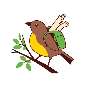A small brown bird with vibrant yellow accents is perched on a branch, looking ahead with determination. The bird is wearing a tiny green backpack secured around its body, which is slightly bulging, suggesting it is filled with essentials for its journey. In its beak, the bird holds a rolled parchment map, slightly unfurling, displaying faint markings and symbols for navigation. The background features soft green leaves, enhancing the adventurous spirit of the scene.