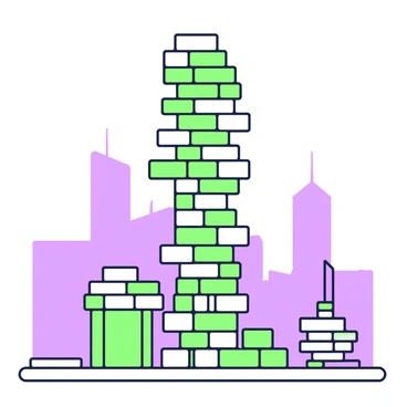 A Jenga tower is standing tall, resembling a miniature skyscraper within a city skyline. The tower is composed of various wooden blocks stacked neatly on top of each other, showcasing varied heights and dimensions. Surrounding the Jenga tower, there are smaller buildings made of blocks, creating a sense of an urban environment. In the background, the outlines of larger skyscrapers can be seen, emphasizing the Jenga tower's stature as part of this skyline. The scene captures a playful blend of architecture and playtime, inviting the viewer to imagine the vibrant life of the city.