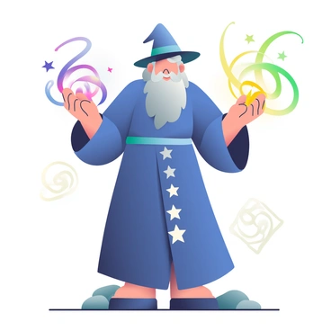 A wise wizard with a long gray beard is standing in a dynamic pose, casting a powerful spell. He is wearing a deep blue robe adorned with silver stars and a pointed hat that matches his robe. His hands are raised, and vibrant swirls of colorful magical energy, including shades of purple, green, and gold, are radiating from his fingertips, surrounding him in a luminous aura. The wizard's expression is focused and determined, and he stands on a rocky surface with ancient runes glowing faintly in the background.