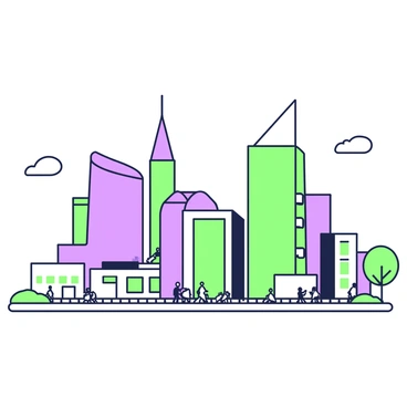 A city skyline with various buildings designed to resemble CPF forms. The skyline features a range of structures, some tall and angular, while others are shorter and more rounded. Each building has distinct architectural elements that highlight the characteristics of CPF forms, such as curved lines and geometric shapes. The buildings are positioned against a clear sky, and the scene is filled with a sense of urban bustle as small figures move along the streets below.
