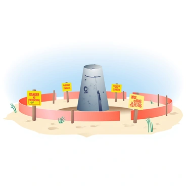An isolated fracked well is situated in the center of the image, surrounded by various warning signs. The well is a large metallic structure with a cylindrical body, showing signs of wear and tear. Bright yellow and red warning signs, displaying text like "DANGER" and "NO TRESPASSING," are placed on wooden stakes around the well. Several orange plastic barriers are positioned around the area, creating a perimeter to keep people away. The ground is dusty and barren, with sparse patches of dry grass in the foreground. In the background, a clear blue sky stretches overhead, contrasting with the industrial scene.