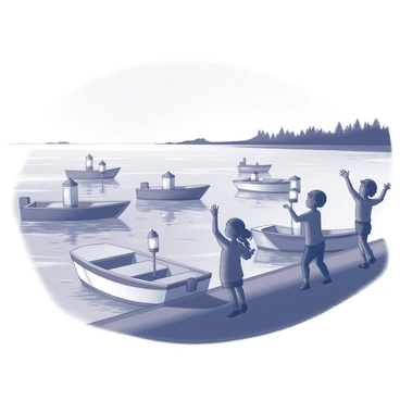 A harbor scene during twilight. The water is calm, reflecting the dim light of the small lanterns hanging from several boats. Each boat is gently bobbing with the waves, creating a serene atmosphere. Children are standing by the water's edge, waving energetically, their silhouettes outlined against the fading light. The distant shoreline features a collection of trees, casting elongated shadows across the ground. The overall composition captures a moment of joy and tranquility.