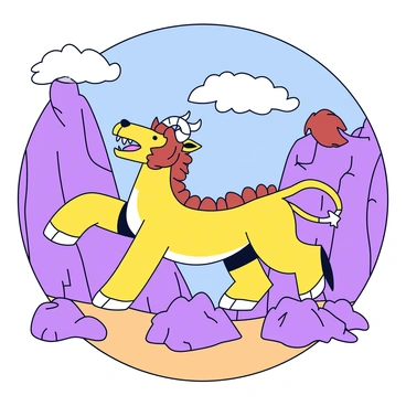 A fierce Chimera with the body of a lion, a goat's head rising from its back, and a serpent for a tail is positioned in a rocky canyon. The creature's fur is a mix of golden and brown shades, while its goat head has white fur and curling horns. The Chimera's mouth is wide open in a roar, revealing sharp teeth and a long, forked tongue. Jagged rocks surround the creature, creating a rugged landscape, and the canyon walls are steep and rocky, with patches of dry vegetation scattered throughout. The sky above is a bright blue with a few fluffy white clouds.