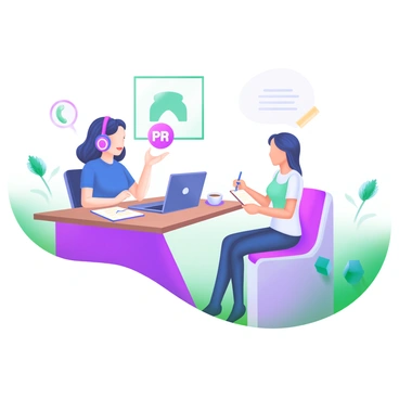 A modern pastel illustration depicting a scene of a "phone call" between a "PR specialist" and a "journalist". The PR specialist is sitting at a sleek desk with a laptop, notepad, and a cup of coffee, looking engaged while speaking into a smartphone. The journalist is in a cozy café corner, holding a notebook and pen, appearing attentive as they take notes. In the background, there are subtle decorations like plants and artwork, enhancing the professional yet casual atmosphere of the conversation.