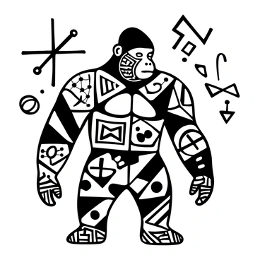 A detailed black-and-white illustration of a gorilla comprised of intricate geometric patterns. The body of the gorilla is filled with various shapes, including triangles, circles, and lines that interconnect to create a textured appearance. The gorilla stands in a powerful pose, showcasing its muscular form, with its arms slightly raised. Surrounding the gorilla are abstract tribal symbols and shapes that enhance the overall composition.