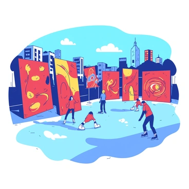 A blue urban ice rink is surrounded by large wooden boards covered in vibrant graffiti art. The graffiti features bold shapes and designs, including swirling patterns and abstract figures, in a mix of red and yellow colors. The boards show signs of wear, with peeling paint and layers of colorful spray paint layered on top. In the background, a clear blue sky creates a contrast against the vivid artwork. A few skaters in the foreground glide across the ice, adding movement to the scene.