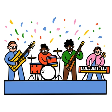 A band of four members is performing music on a stage, each using instruments made entirely from KitKat bars. The guitarist, with light skin and big eyes, is strumming a guitar crafted from stacked KitKat bars, while the drummer, with dark skin and big eyes, is playing on a drum set made of large KitKat bar boxes. The bassist, with curly hair and big eyes, holds a bass guitar that resembles a long KitKat bar, and the keyboardist, with straight hair and big eyes, has a keyboard created from a variety of KitKat wrappers. The band members are focused on their performance, and there are colorful lights shining down on them, enhancing the playful atmosphere of the scene.