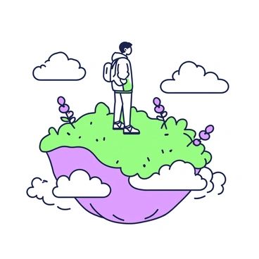 A small island floats amidst the clouds in the sky. The island is lush with green grass and dotted with vibrant purple flowers. At the edge of the island, there is a person standing, looking uncertain. The person is wearing a light jacket and holding a small backpack. They are gazing at the island’s surface, contemplating the next step. Wispy clouds surround the base of the island, and the sunlight casts soft shadows on the ground.