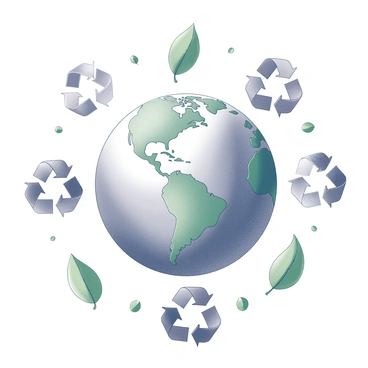 A detailed illustration of "Earth" positioned at the center of the image. Surrounding the planet are multiple "recycling symbols" arranged in a circular pattern, emphasizing the theme of sustainability. Scattered among the symbols are various "green leaves" of different sizes and shapes, contributing to the overall design. The Earth is depicted with continents and oceanic details, while the recycling symbols and leaves create a cohesive border around it.