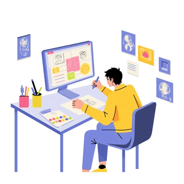 A student with short black hair sitting at a sleek, modern desk, intently focusing on a high-tech computer. The computer features a large, vibrant touchscreen displaying colorful digital illustrations. The student is using a stylus, drawing intricate designs on the screen. Various art supplies like markers, sketchbooks, and a palette of colors are scattered around the desk, emphasizing the student's artistic process. The room is bright, with posters of famous artworks and inspiration on the walls.