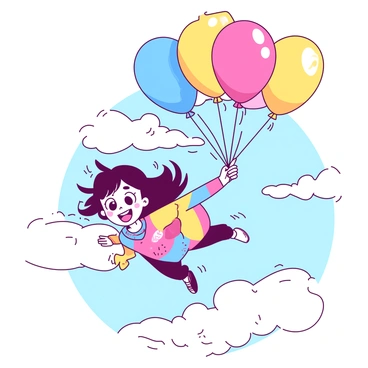 A character with large expressive eyes and a wide smile is soaring high in the sky while clutching a bundle of vibrant balloons. The character has bright, playful clothing featuring a mix of patterns. The balloons are floating above them, each balloon displaying a different color, creating a lively and joyful scene. The character's hair is blowing in the wind, and they appear to be enjoying the exhilarating experience of flight among fluffy clouds.