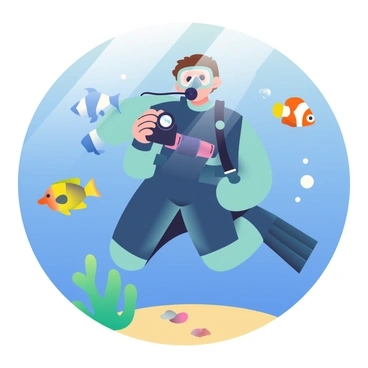 A scuba diver in a full wetsuit with a black mask is swimming in a clear blue sea. The diver has short brown hair and is holding a waterproof camera in one hand. Surrounding the diver is an array of tropical fish in vibrant colors, including a yellow angelfish, a bright blue parrotfish, and a clownfish with orange and white stripes. Sunlight filters through the water, creating a shimmering effect on the sandy ocean floor below. A few pieces of coral are visible in the background, adding to the underwater scene.