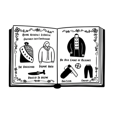 A page from an illustrated book featuring the history of "nath." The page displays an intricate border of floral motifs and historical symbols. At the center, there is a large, detailed drawing of a traditional "nath," showcasing its design and craftsmanship. Surrounding the central image are smaller illustrations depicting various styles of "nath" from different eras, each labeled with descriptive text in elegant typography. There are decorative elements such as patterns and textures that enhance the overall composition, creating an engaging visual narrative about the evolution of "nath."