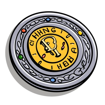 A circular 3D badge with a shiny metallic finish, displaying intricate engravings and colorful enamel inlays. The badge features a central emblem surrounded by decorative patterns. Users are able to rotate and explore the badge from various angles, revealing detailed textures and a glossy surface that reflects light. The background has a subtle gradient to enhance the visibility of the badge, showcasing its dimensionality and craftsmanship.