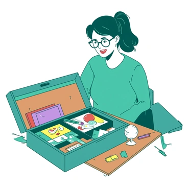 A teal teacher is sitting at a wooden desk, smiling as she opens a large, colorful resource kit. The kit has various compartments and is filled with educational tools and materials. Colorful flashcards, measuring tools, and art supplies spill out from the kit. There are bright stickers, multiple colored pencils, and a small white globe visible among the items. The teacher is wearing glasses and has her hair tied back, looking excited about the resources she is about to explore.