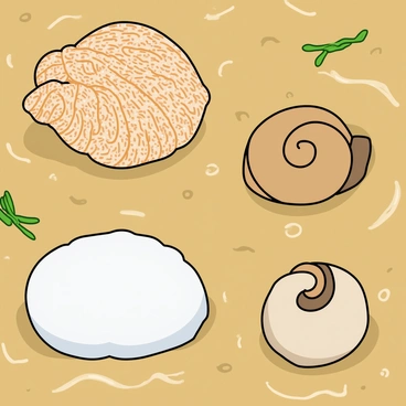 A close-up view of various seashells scattered across damp, glistening sand. The shells include an intricately patterned conch shell, a smooth white scallop shell, and a spiral-shaped nautilus shell, each showcasing unique textures and colors. The wet sand reflects a slight sheen from the water, with tiny grains clinging to the shells. Small ripples and indentations in the sand hint at the recent tide. A few tiny pieces of seaweed are also visible among the shells, adding a touch of green to the sandy landscape.