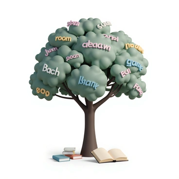 A large tree stands tall with a thick, sturdy trunk and sprawling branches. The leaves are uniquely shaped like individual words, each representing a different vocabulary term. The words are clearly visible, varying in size and font style, creating a colorful canopy. Sunlight filters through the foliage, casting intricate shadows on the ground below, where various vocabulary books lie open, their pages fluttering gently in the breeze.