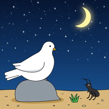A white dove with gentle features is perched on a large rock. Its feathers are smooth and slightly ruffled in the evening breeze. Beside the dove, a tiny black ant stands on a small patch of grass, looking up intently. The night sky above is filled with countless bright stars and a glowing crescent moon, illuminating the scene with a soft light. The dove's eyes reflect the starlight, while the ant seems mesmerized by the twinkling lights above. The ground is dotted with small pebbles and blades of grass, creating a peaceful nighttime setting.
