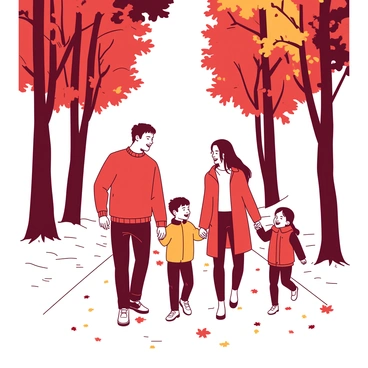 A family of four is walking hand in hand down a path surrounded by tall trees with vibrant autumn foliage. The trees display a mix of red and orange leaves, some of which are gently falling to the ground as the family strolls. The children, a boy and a girl, are wearing colorful jackets and laughing, while the parents, dressed in cozy sweaters, are smiling at each other. The path is covered with a blanket of fallen leaves, creating a picturesque scene of autumn.