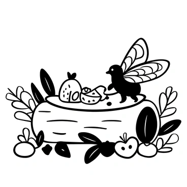 A cicada with intricate wing patterns is sitting at a tiny table made of a small wooden log. The table is adorned with an assortment of summer fruits, including strawberries, slices of watermelon, and ripe peaches. Green leaves surround the table, creating a natural setting. The cicada is perched near a slice of watermelon, with small crumbs scattered on the table. The background features blurred foliage to emphasize the cicada and the feast.