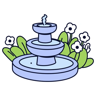 A decorative garden fountain made of stone with a tiered design. The fountain has three levels, each flowing with clear water that cascades down smoothly into a small pool at the base. Surrounding the fountain are clusters of soft white flannel flowers, their petals gently swaying in the breeze. The fountain is set against a backdrop of green foliage, creating a lush, vibrant scene.