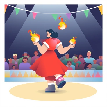 A performer with dark hair and a flowing red costume is juggling three fiery torches in the center of a darkened circus ring. The flames from the torches illuminate the performer's focused expression and create a warm glow around them. The audience is visible in the background, their faces partially lit by the flickering flames. The ring itself has a soft, sandy surface and is surrounded by colorful banners that add to the atmosphere. The air is filled with a sense of excitement as the torches spin through the air, leaving trails of bright orange and yellow light.